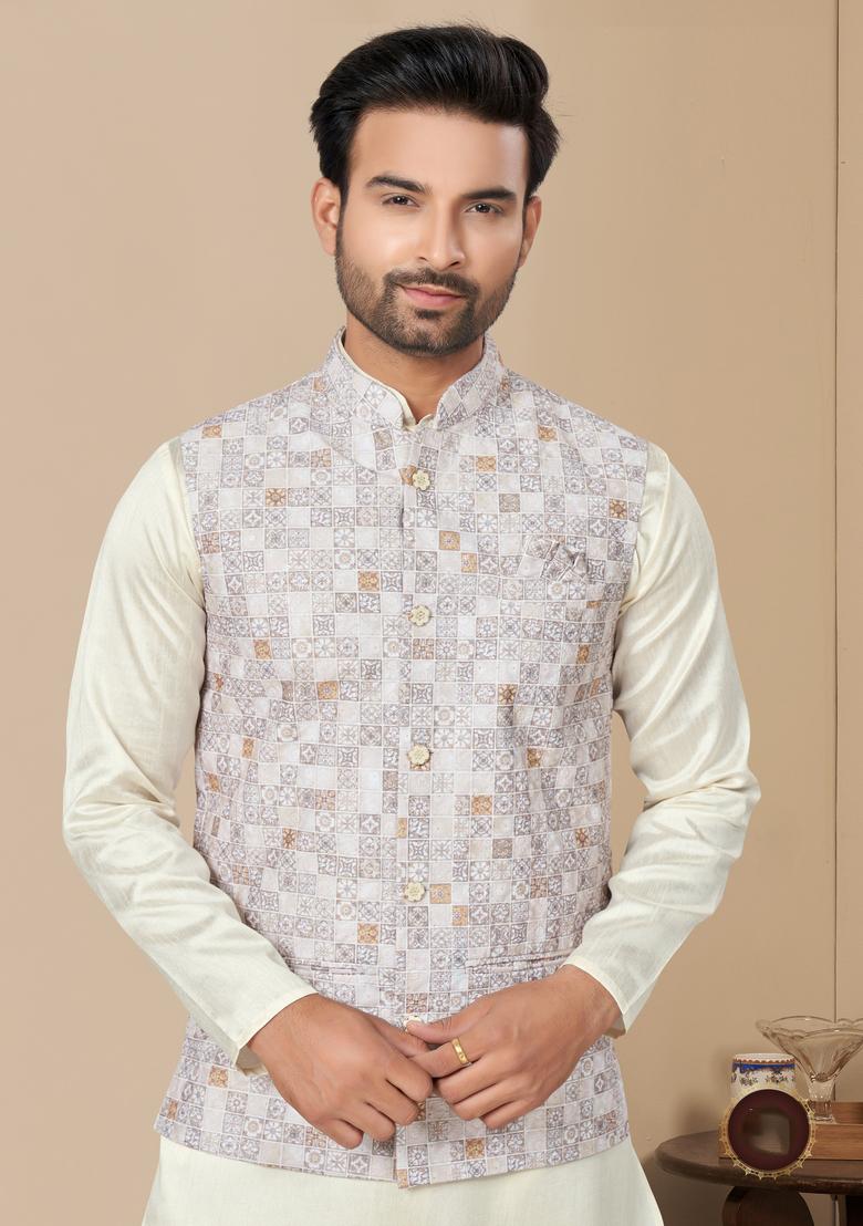 White Printed Silk Nehru Jacket Set For Men