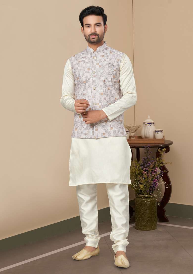 White Printed Silk Nehru Jacket Set For Men - Indya