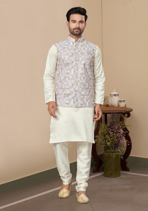 White Printed Silk Nehru Jacket Set For Men — view on Indya