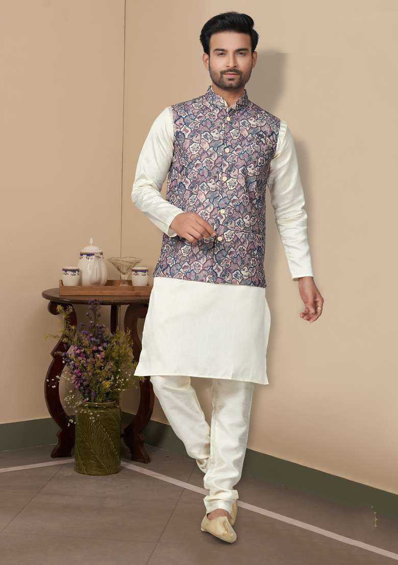 Multicolour Printed Silk Nehru Jacket Set For Men - Indya