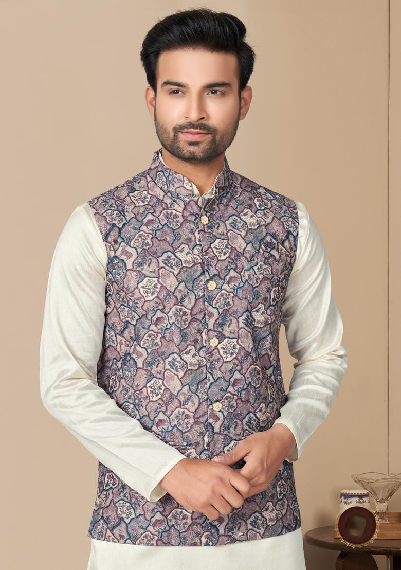 Multicolour Printed Silk Nehru Jacket Set For Men