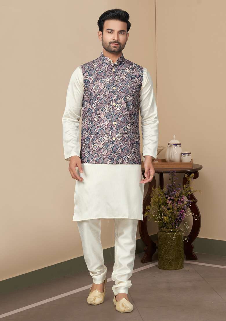 Multicolour Printed Silk Nehru Jacket Set For Men - Indya