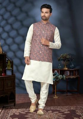 Multicolour Printed Silk Nehru Jacket Set For Men