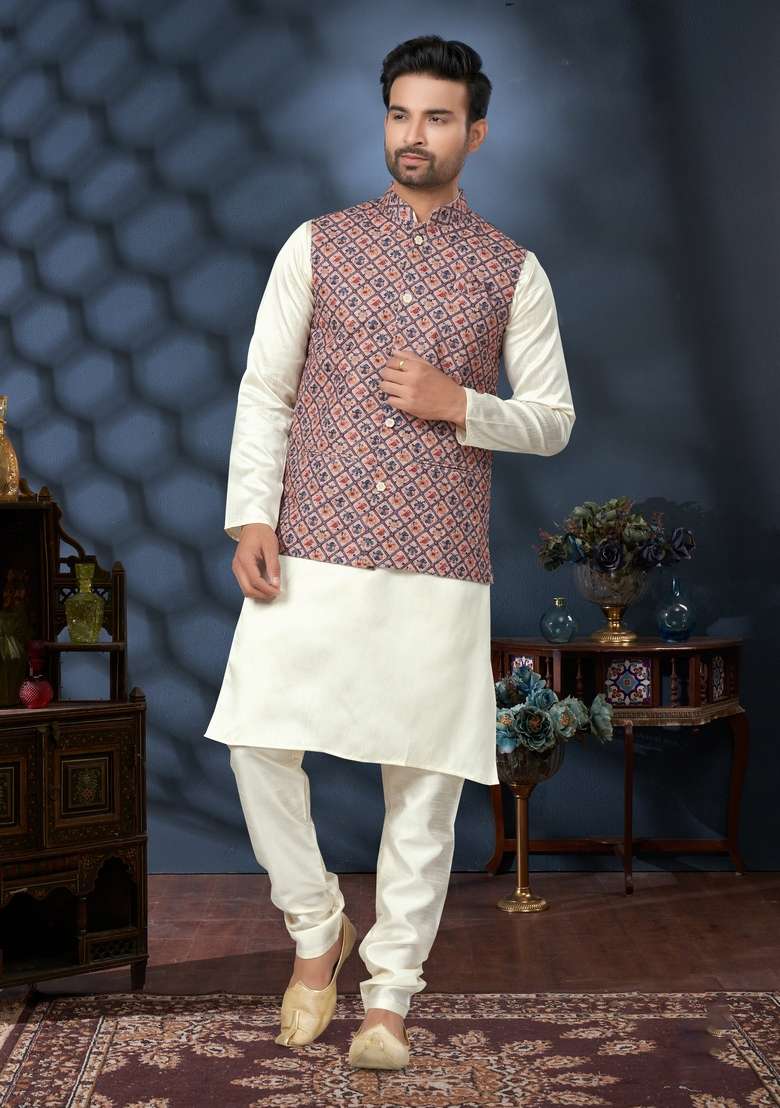 Multicolour Printed Silk Nehru Jacket Set For Men - Indya