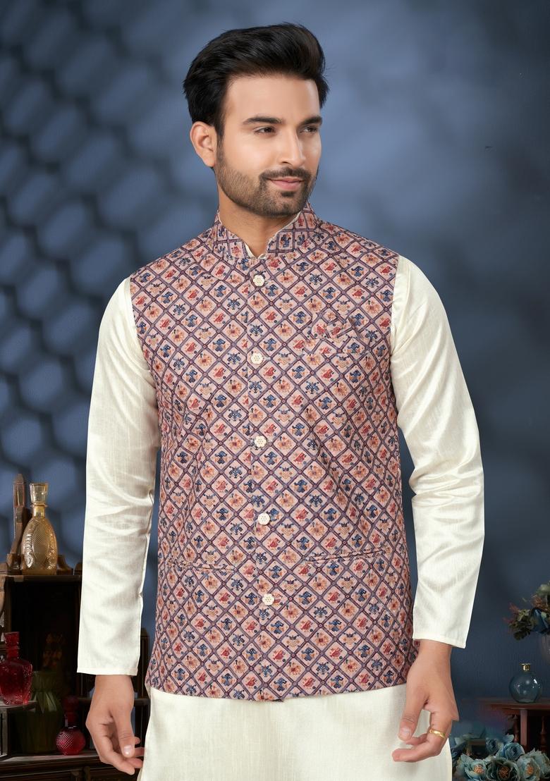 Multicolour Printed Silk Nehru Jacket Set For Men