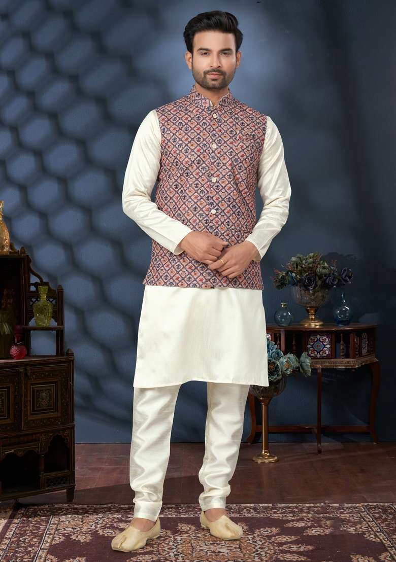 Multicolour Printed Silk Nehru Jacket Set For Men - Indya