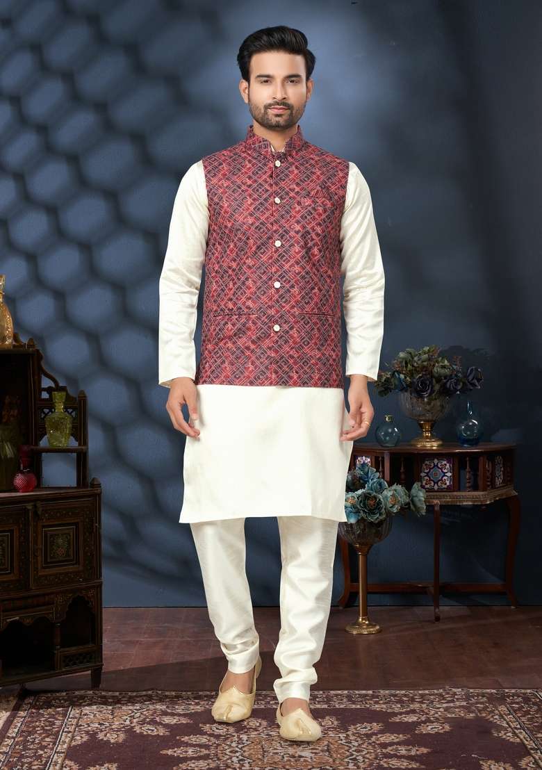 Multicolour Printed Silk Nehru Jacket Set For Men - Indya