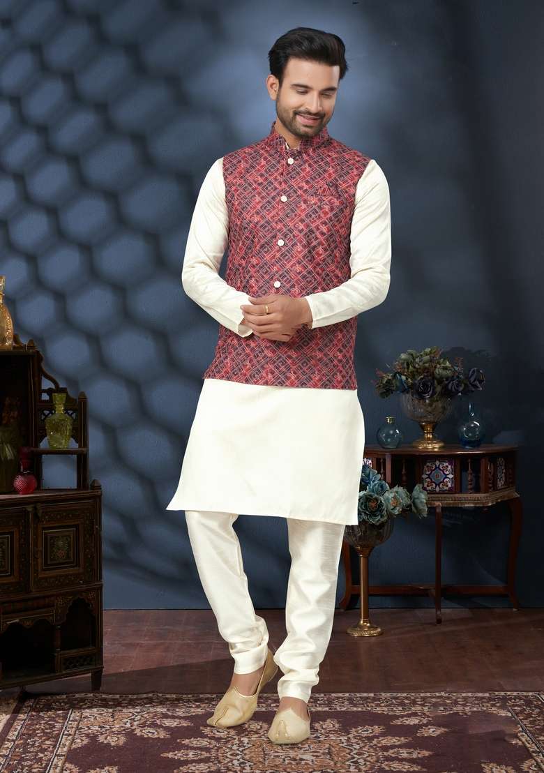 Multicolour Printed Silk Nehru Jacket Set For Men - Indya