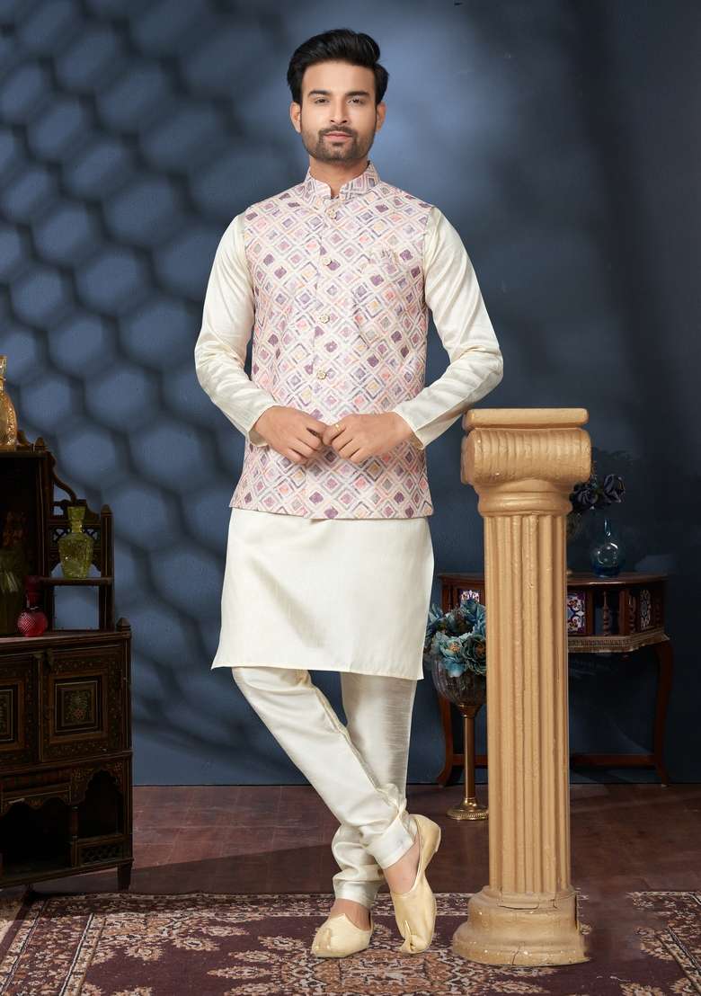 Multicolour Printed Silk Nehru Jacket Set For Men - Indya