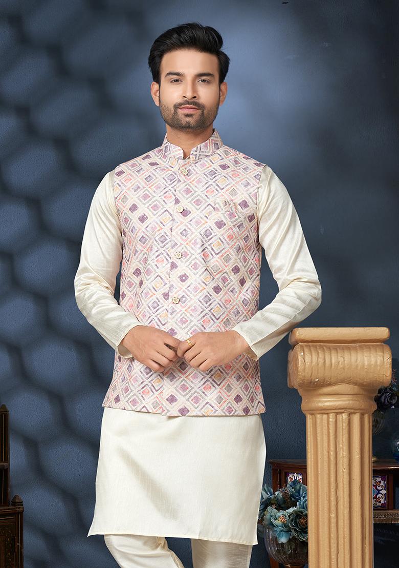 Multicolour Printed Silk Nehru Jacket Set For Men