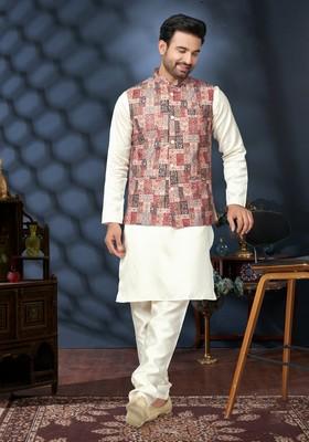 Multicolour Printed Silk Nehru Jacket Set For Men