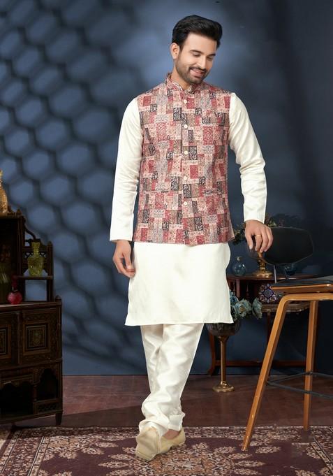 Multicolour Printed Silk Nehru Jacket Set For Men