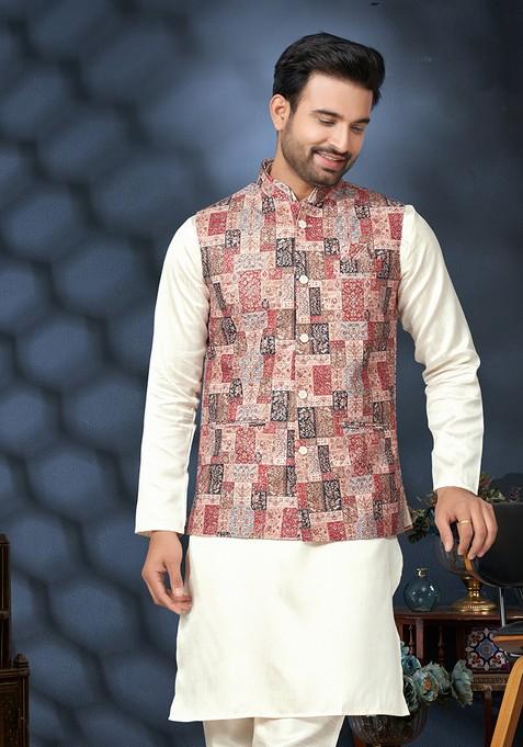 Multicolour Printed Silk Nehru Jacket Set For Men