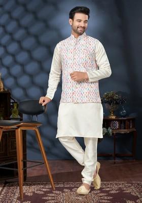 Multicolour Printed Silk Nehru Jacket Set For Men