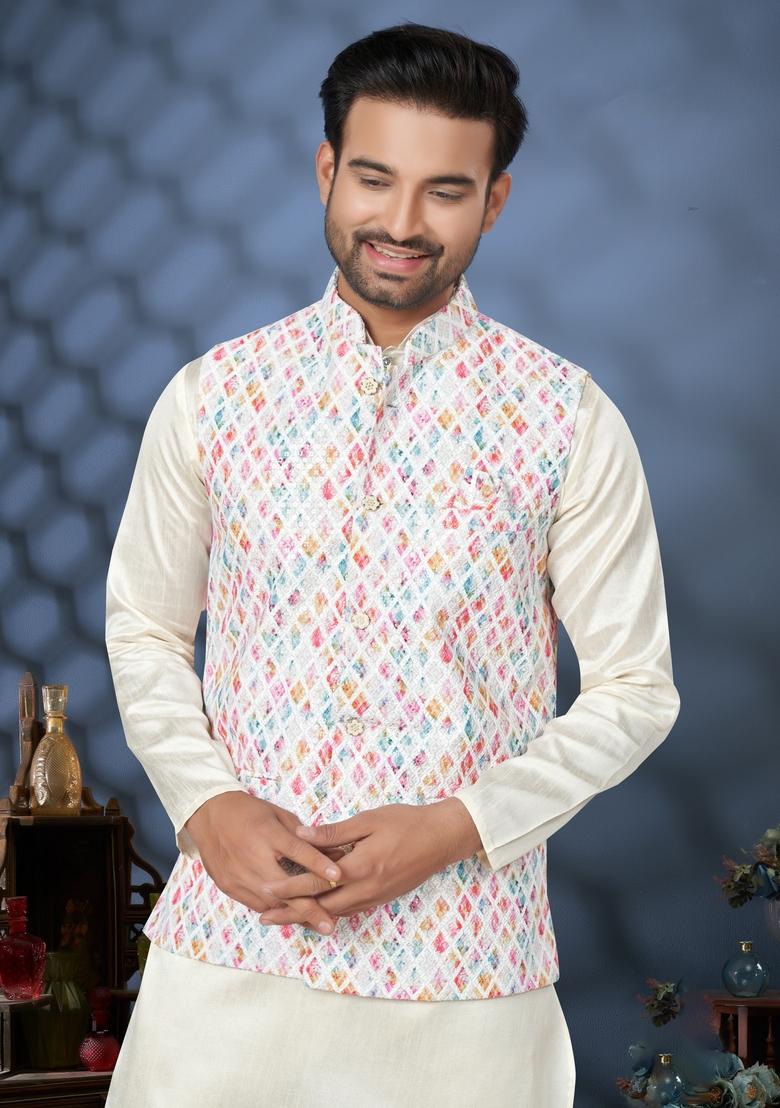 Multicolour Printed Silk Nehru Jacket Set For Men