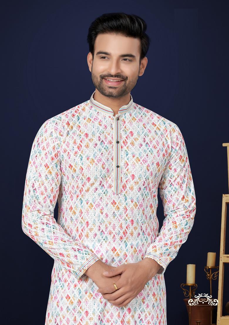 Multicolour Printed Cotton Kurta Set For Men