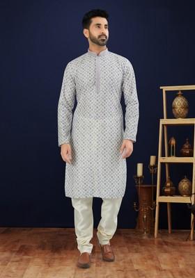 Grey Printed Cotton Kurta Set For Men