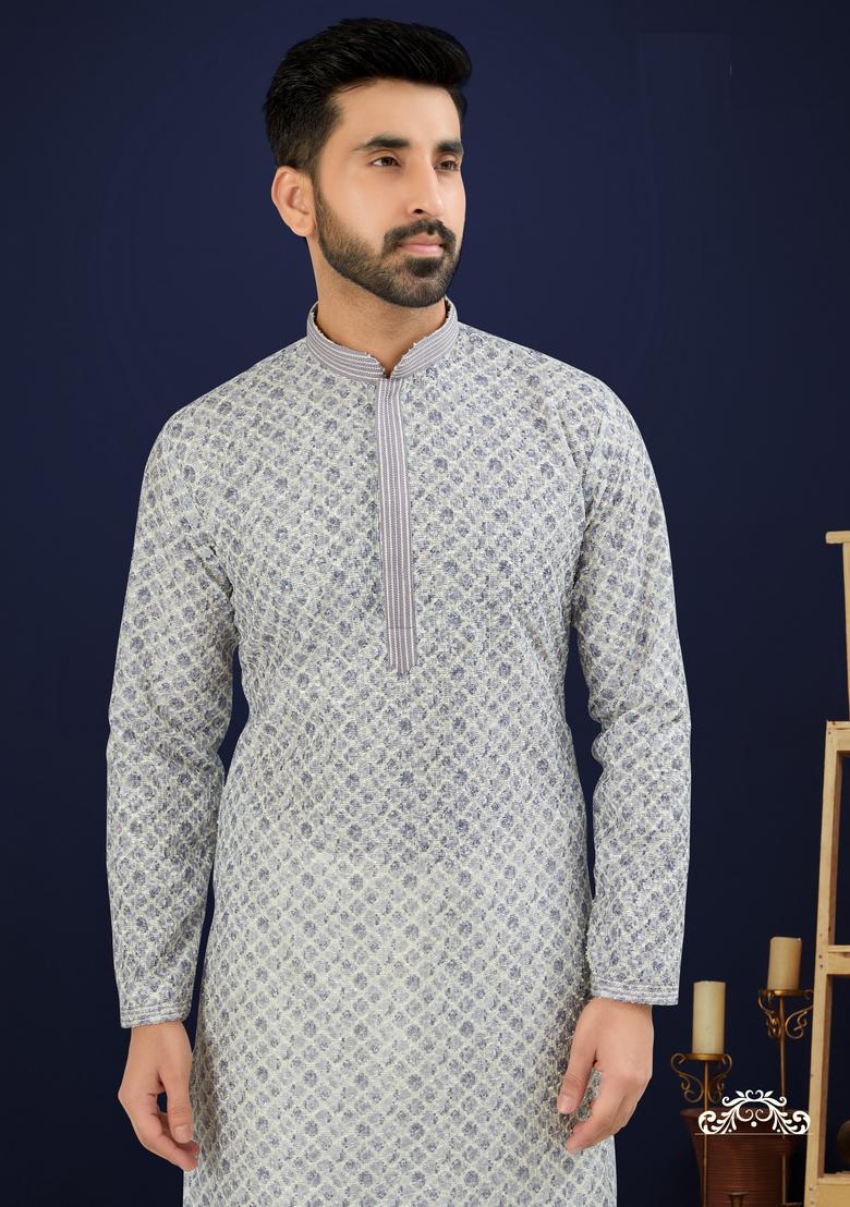 Grey Printed Cotton Kurta Set For Men
