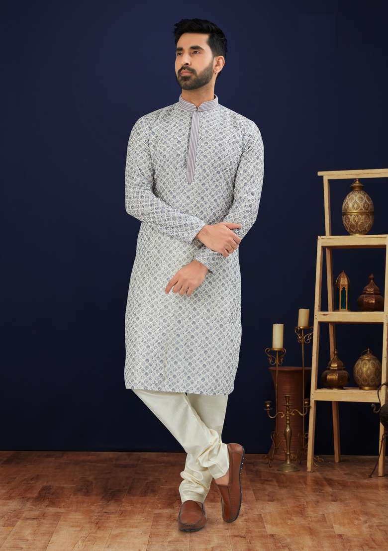 Grey Printed Cotton Kurta Set For Men - Indya