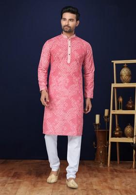 Pink Printed Cotton Kurta Set For Men