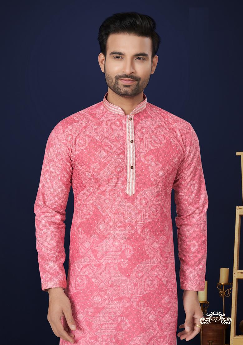 Pink Printed Cotton Kurta Set For Men