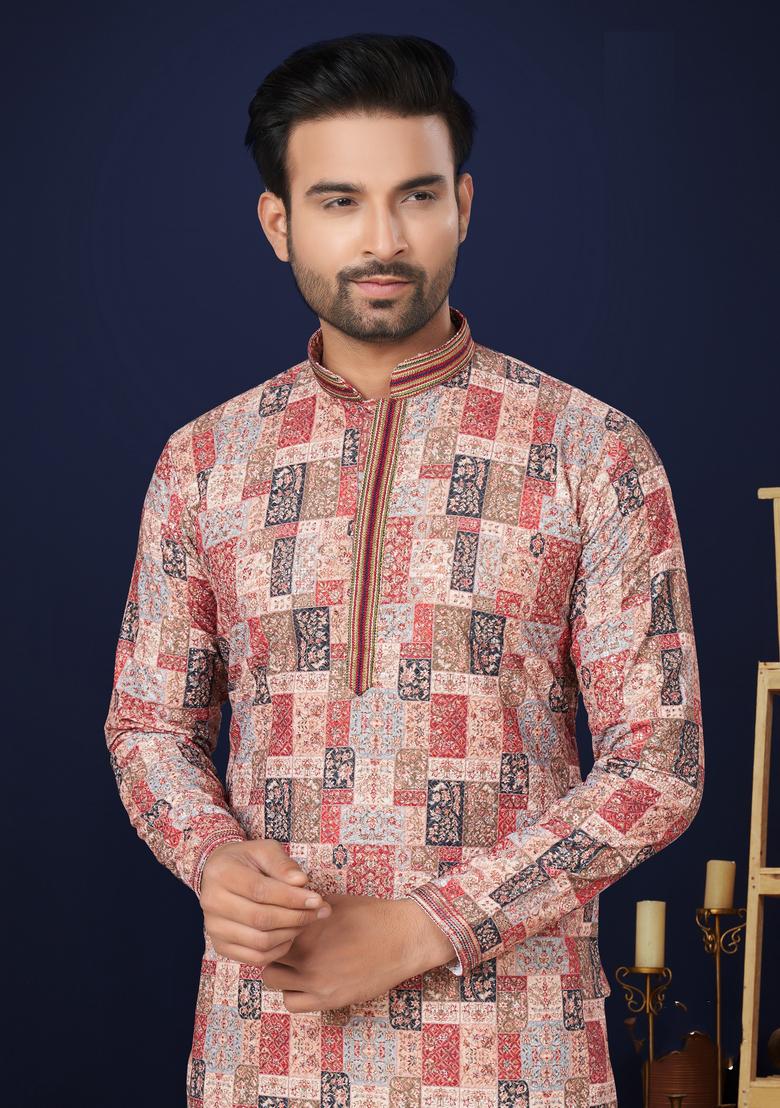Multicolour Printed Cotton Kurta Set For Men