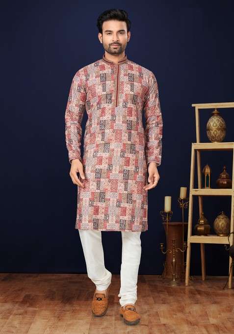 Multicolour Printed Cotton Kurta Set For Men