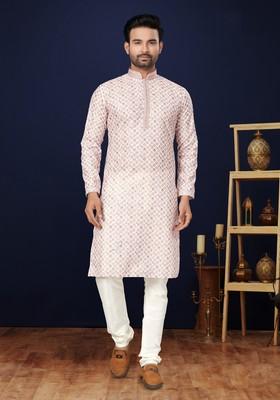 Pink Printed Cotton Kurta Set For Men