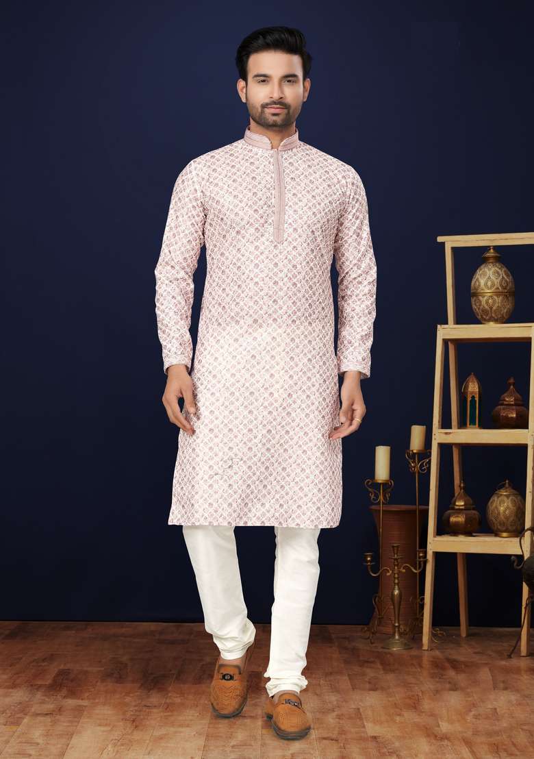 Pink Printed Cotton Kurta Set For Men - Indya