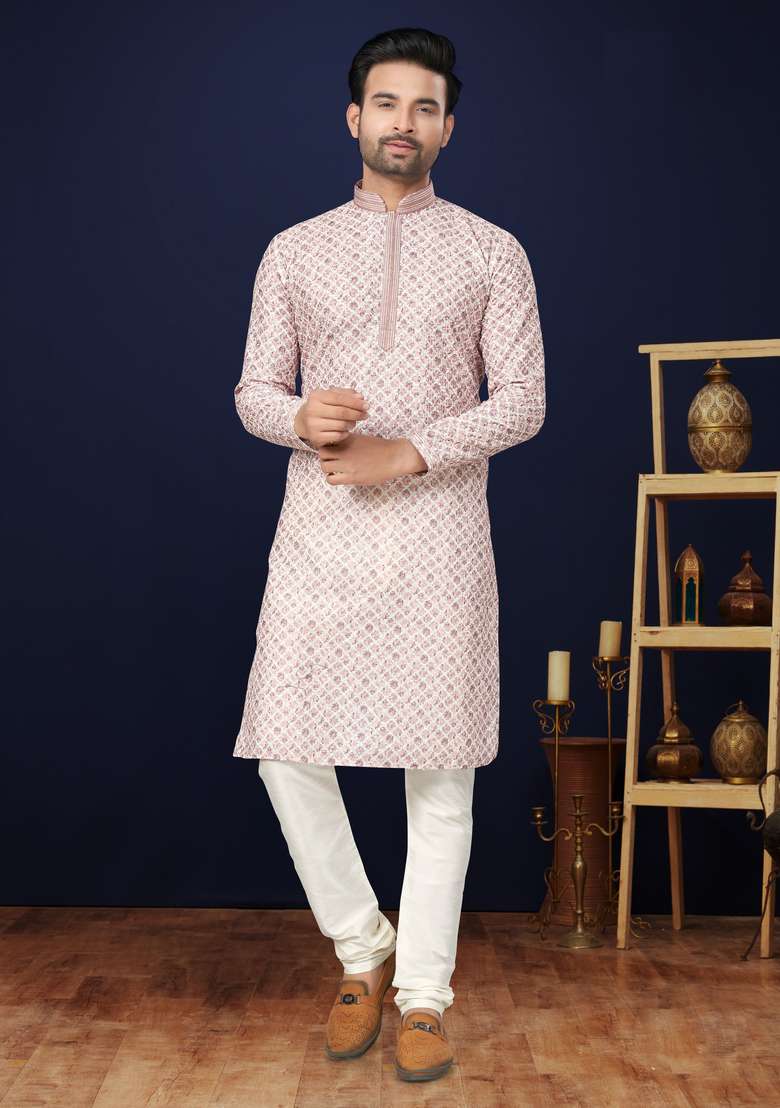 Pink Printed Cotton Kurta Set For Men - Indya