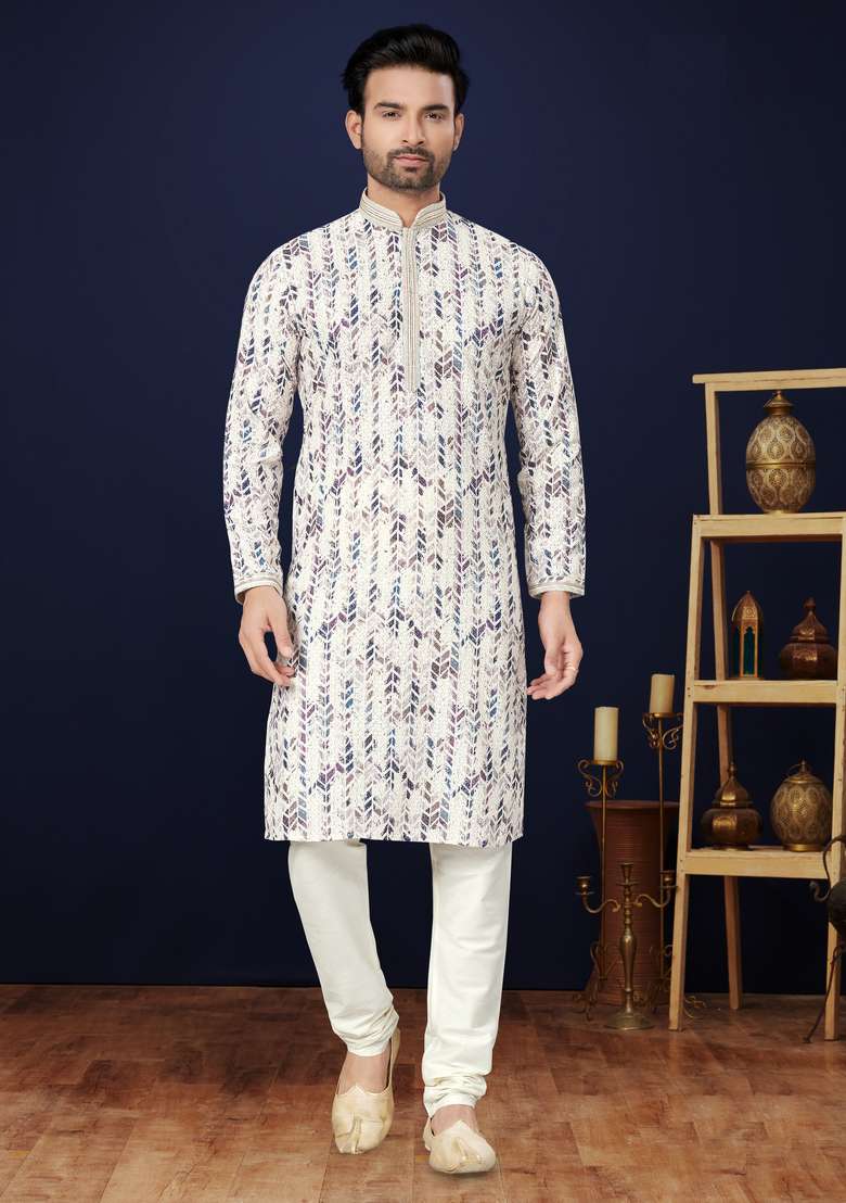 Multicolour Printed Cotton Kurta Set For Men - Indya