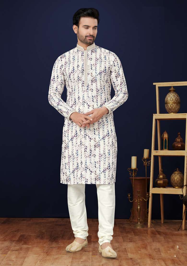 Multicolour Printed Cotton Kurta Set For Men - Indya