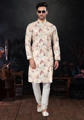 Multicolour Printed Silk Kurta Set For Men