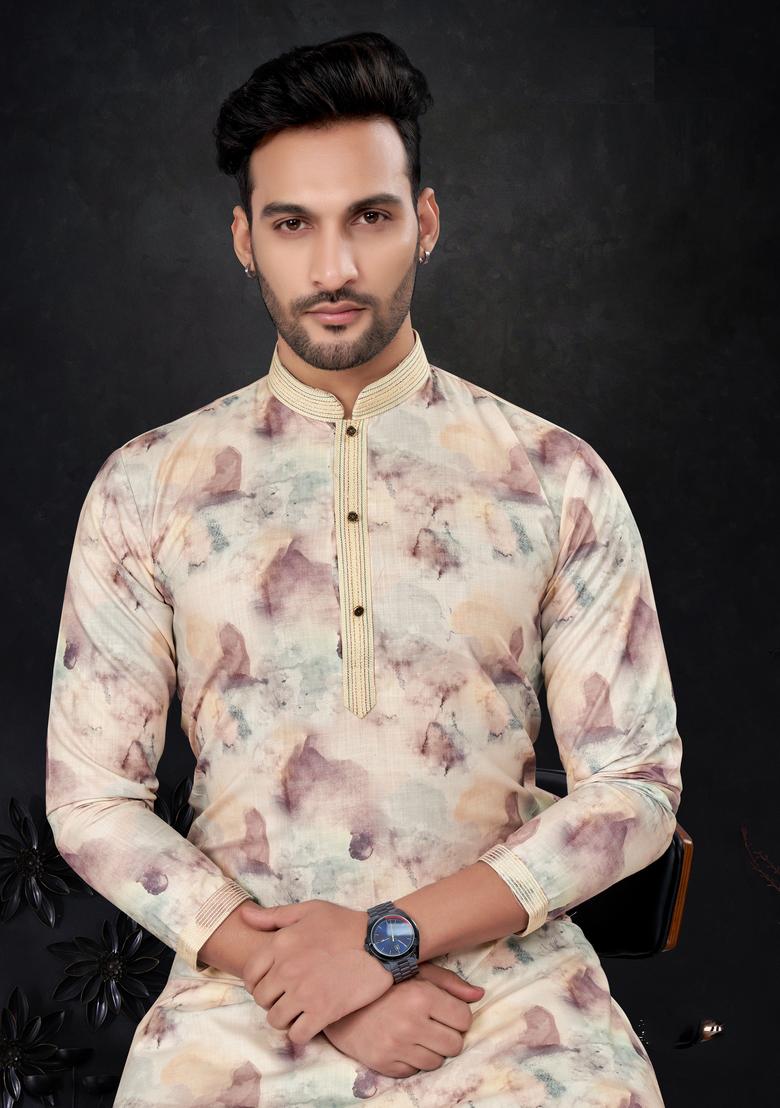Multicolour Printed Silk Kurta Set For Men