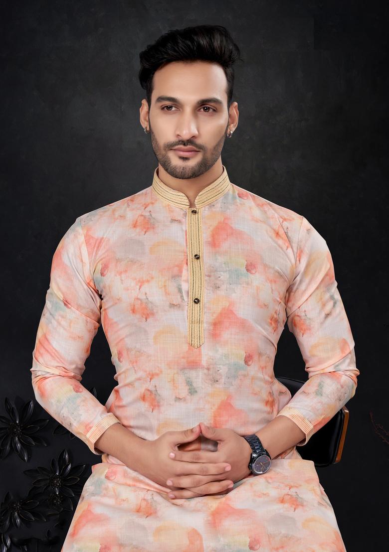Multicolour Printed Silk Kurta Set For Men
