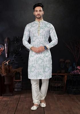 Green Printed Silk Kurta Set For Men