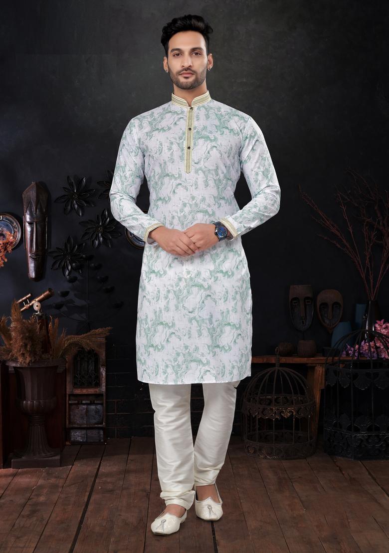 Green Printed Silk Kurta Set For Men
