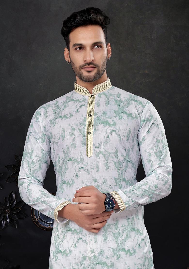 Green Printed Silk Kurta Set For Men
