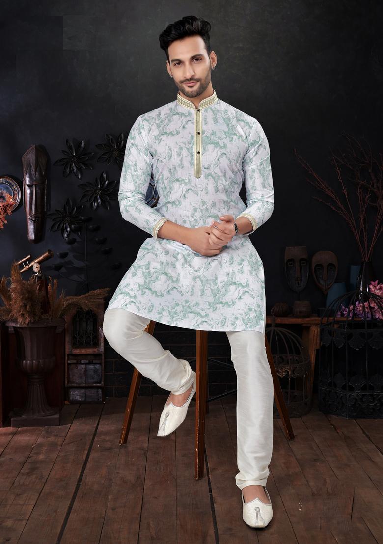 Green Printed Silk Kurta Set For Men