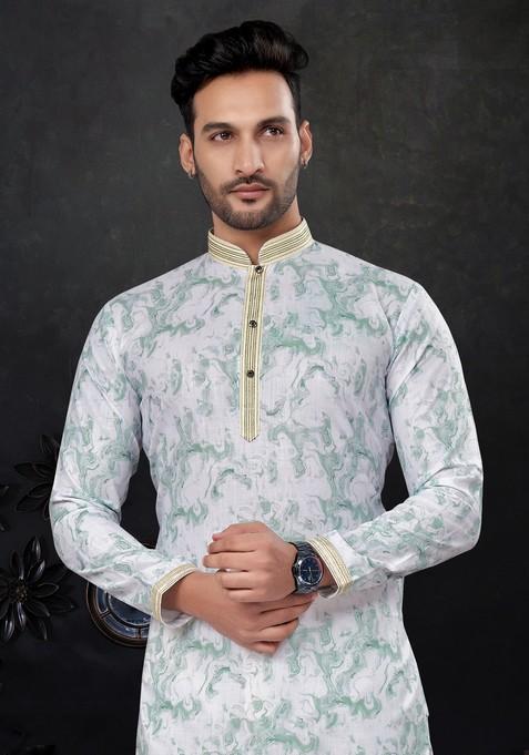 Green Printed Silk Kurta Set For Men