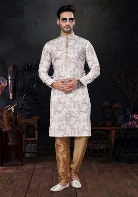 Pink Printed Silk Kurta Set For Men