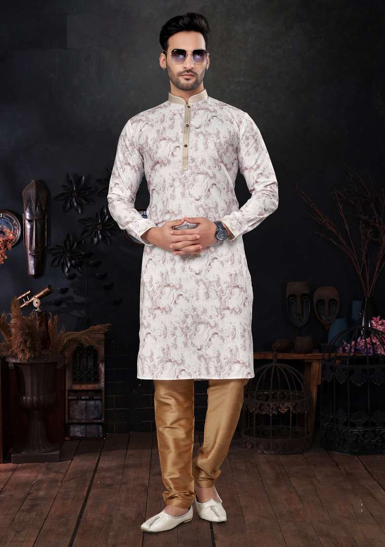 Pink Printed Silk Kurta Set For Men - Indya