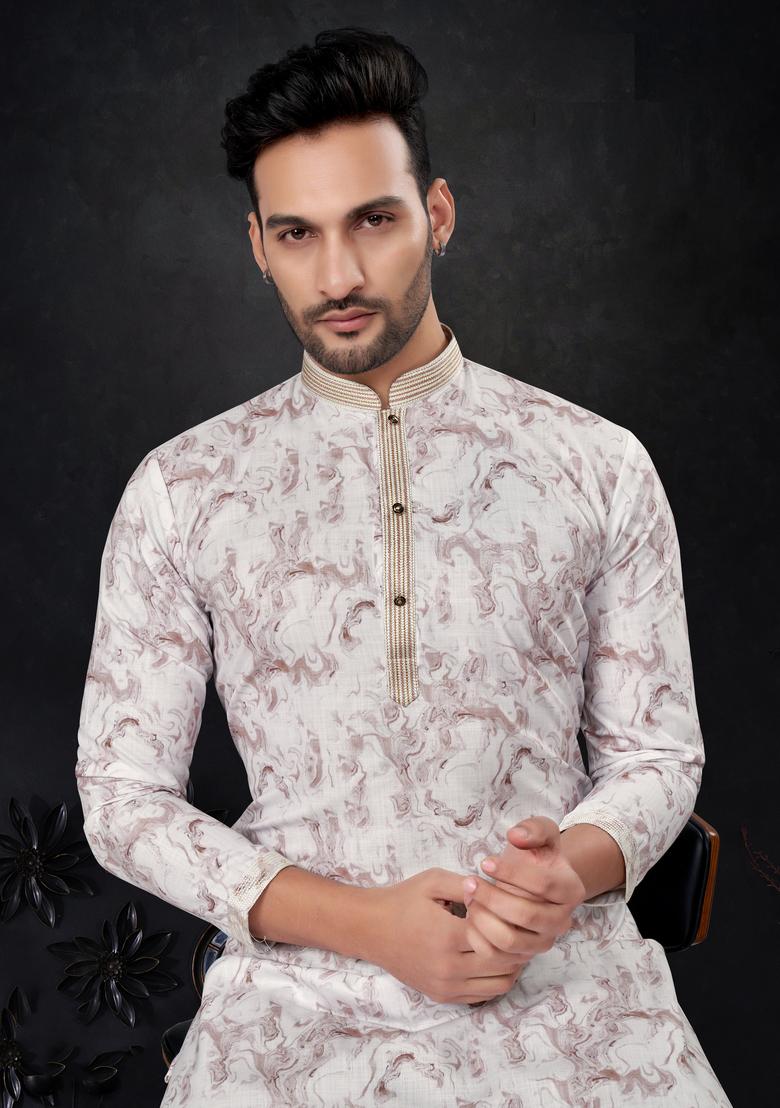 Pink Printed Silk Kurta Set For Men