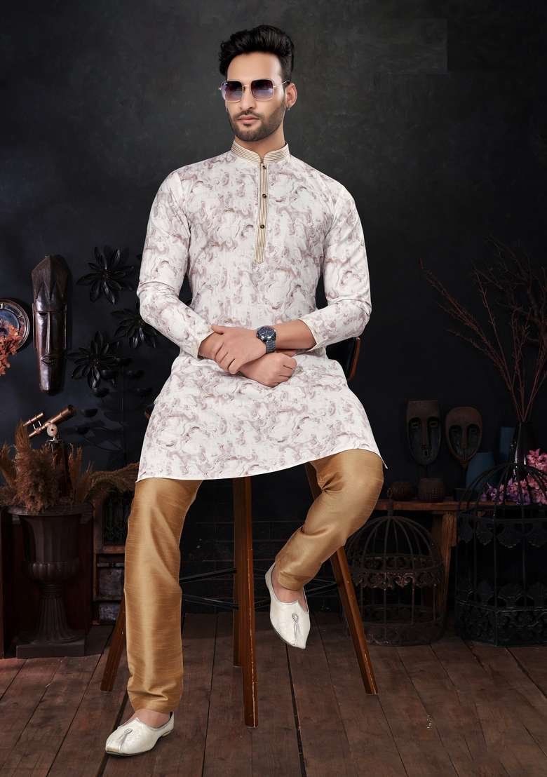 Pink Printed Silk Kurta Set For Men - Indya