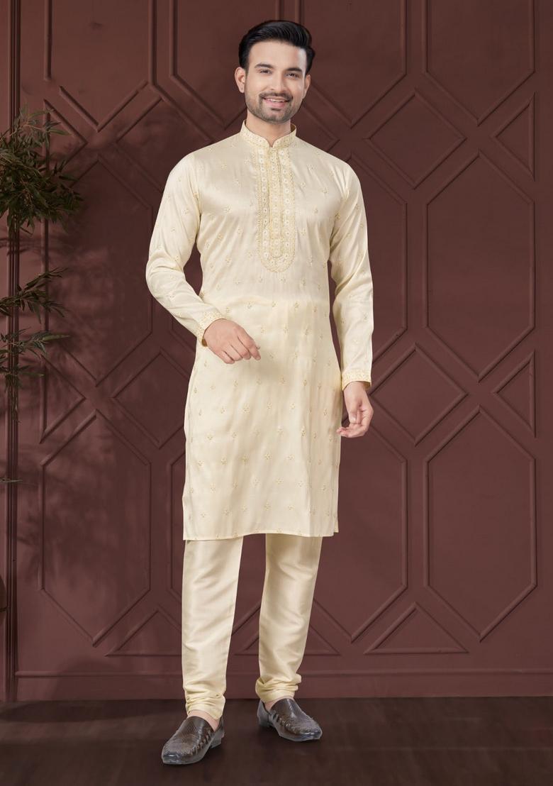 Cream Embroidered Silk Kurta Set For Men