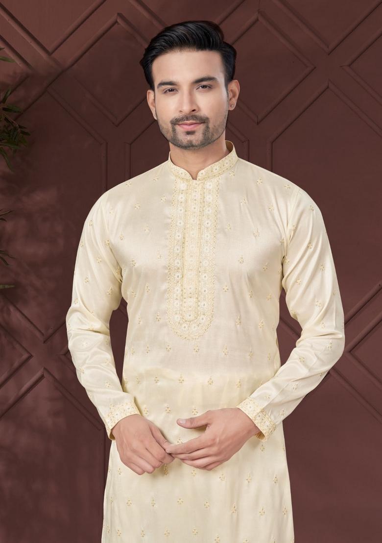 Cream Embroidered Silk Kurta Set For Men