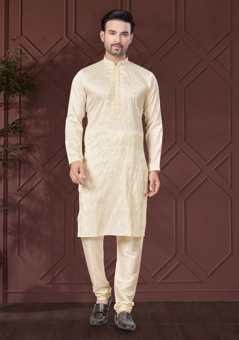Cream Embroidered Silk Kurta Set For Men
