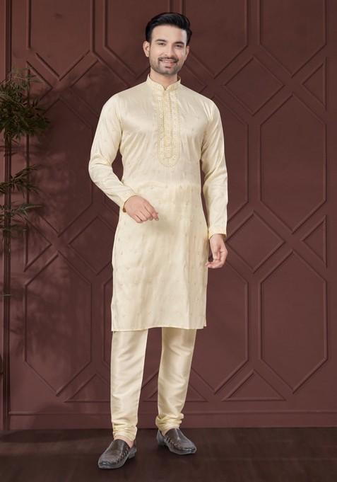 Cream Embroidered Silk Kurta Set For Men