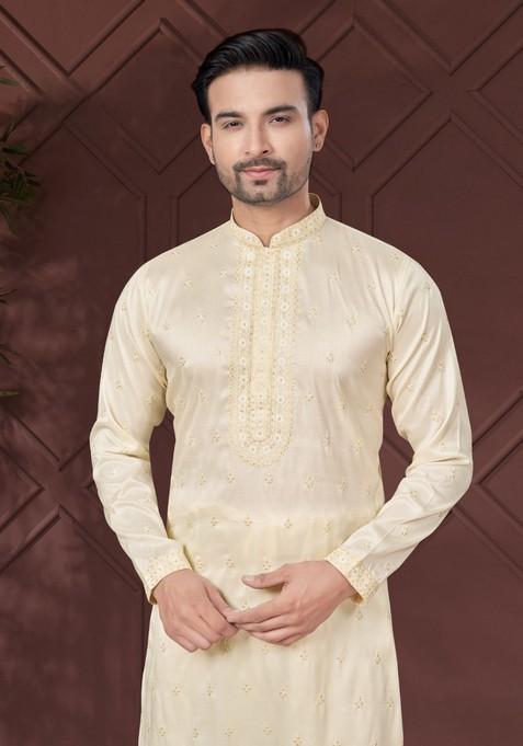 Cream Embroidered Silk Kurta Set For Men
