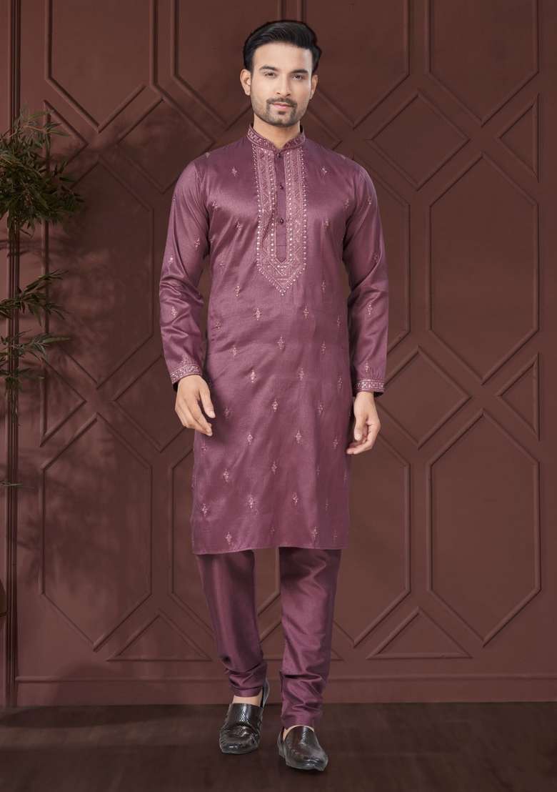 Dark Pink Embroidered Silk Kurta Set For Men - Indya
